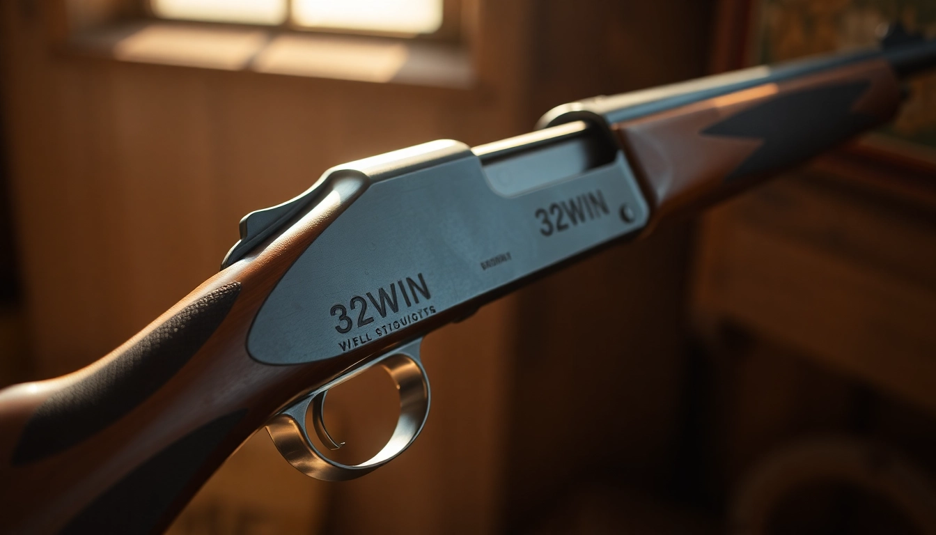 The 32WIN cartridge and rifle showcased in a classic outdoor hunting scene, highlighting its historical appeal and craftsmanship.