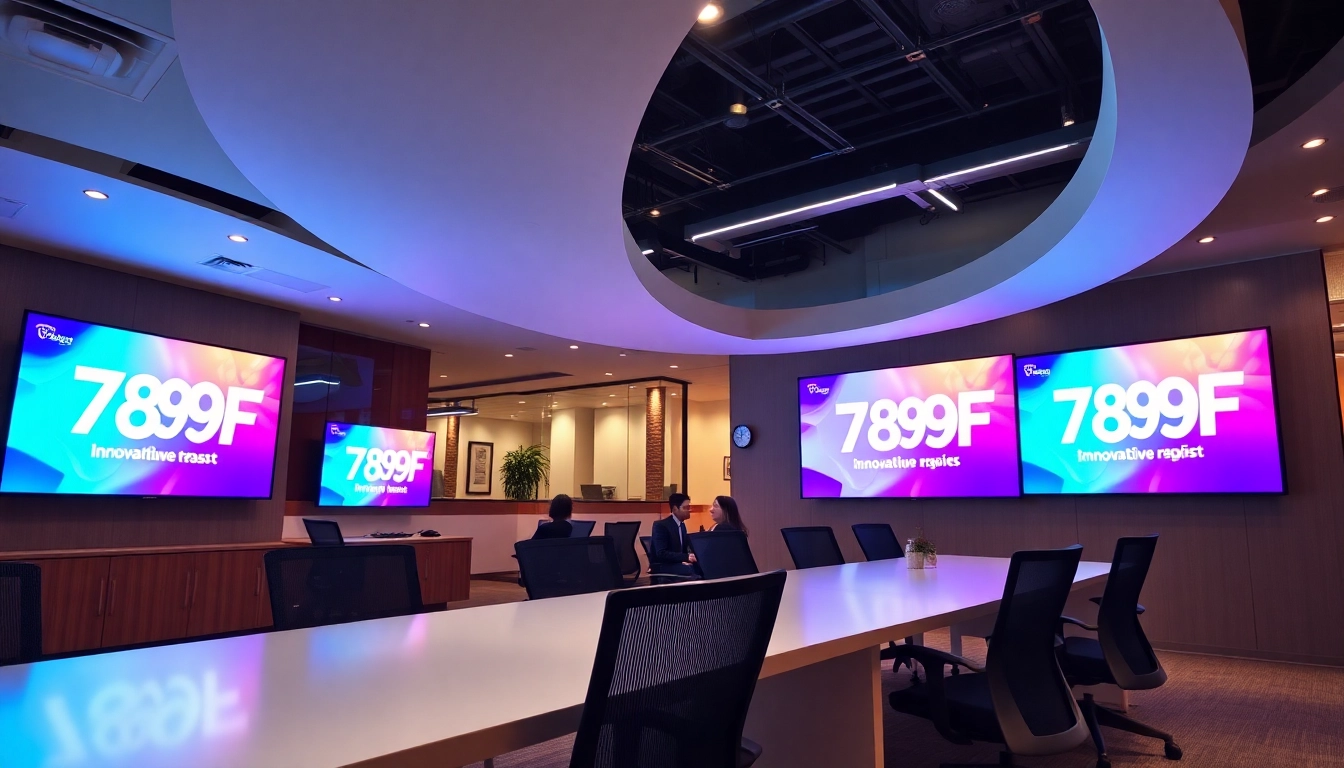 789F branding logo on digital signage in a professional office setting, showcasing modern corporate identity.