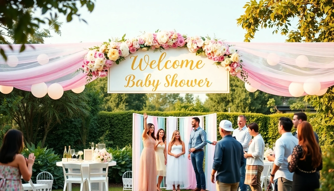 Beautifully designed baby shower welcome sign with floral details welcoming guests to the celebration outdoors.