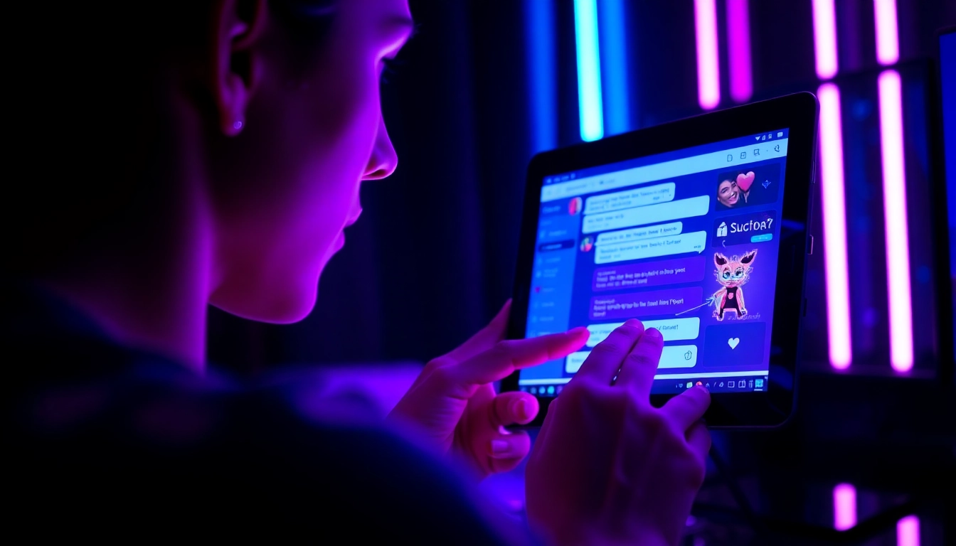 An illustration of a person interacting with an AI chat on a futuristic device, set in a modern, neon-lit room, emphasizing intimacy and advanced technology.