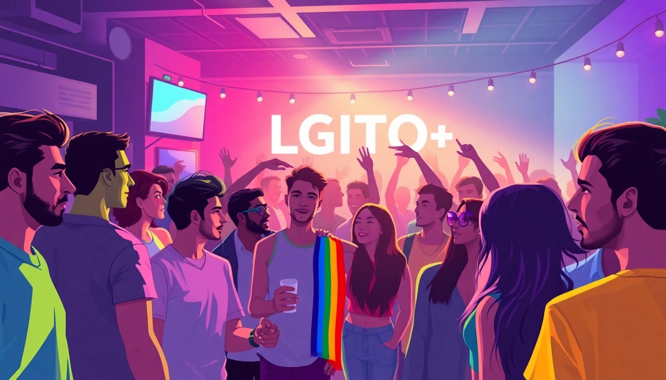 Promote https://789f.gay with a lively and diverse LGBTQ+ community gathering, celebrating unity and pride in a colorful, inviting scene.