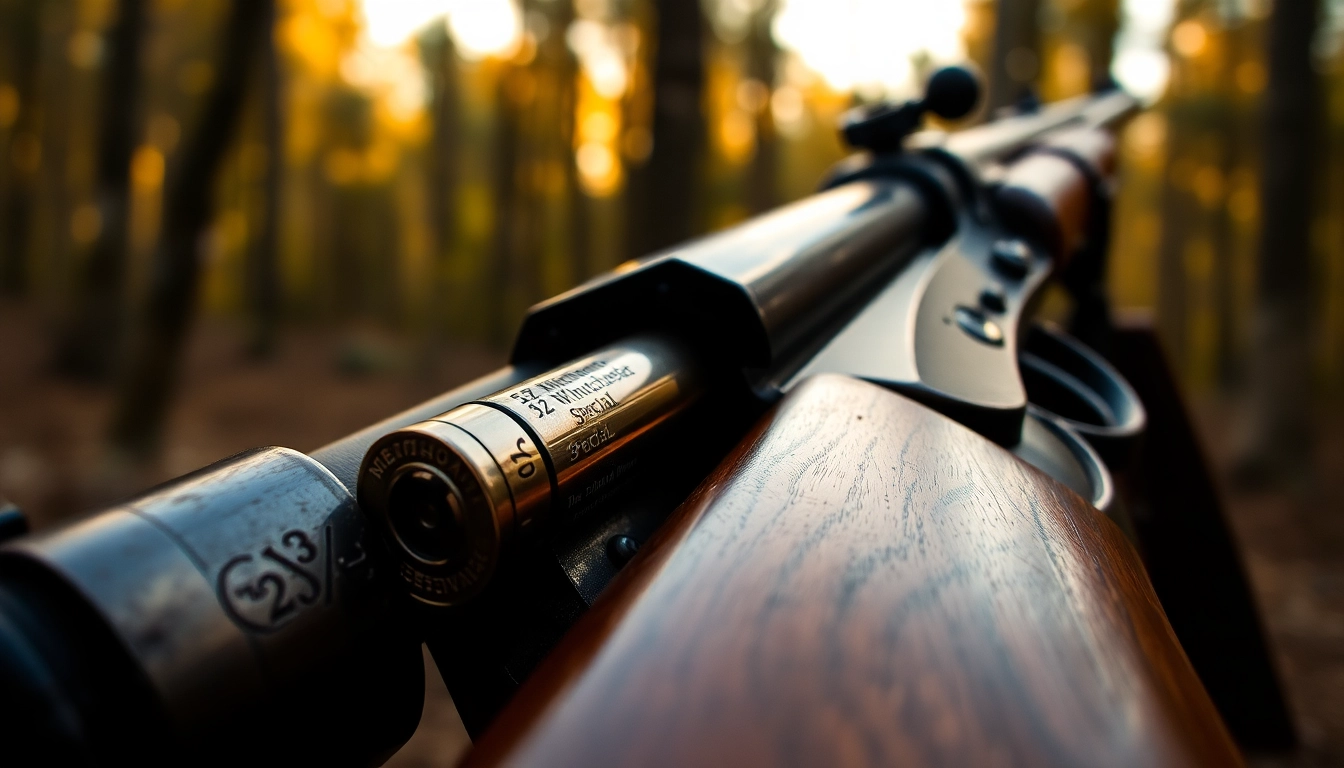 Detailed shot of a 32WIN lever-action rifle ready for hunting in a scenic outdoor setting.