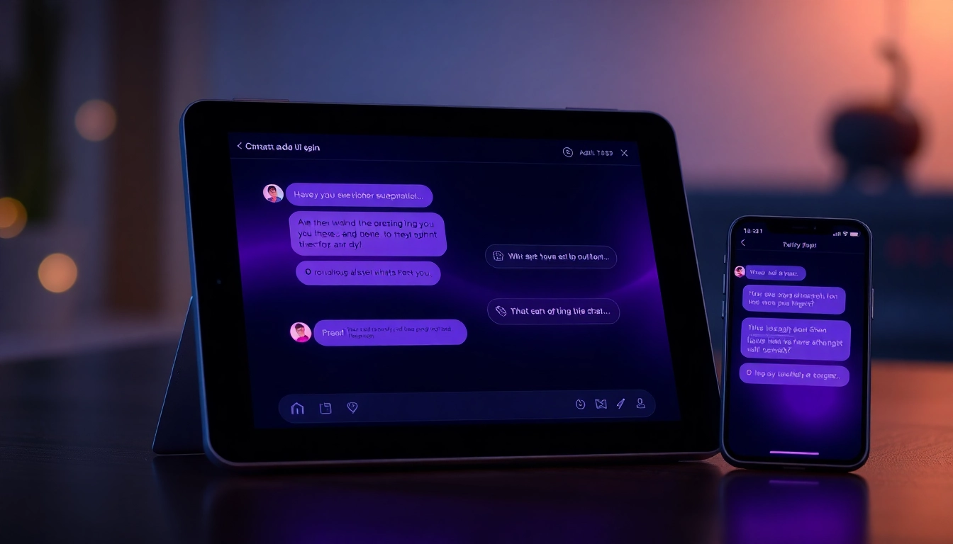 Modern devices displaying an adult AI chat platform with flirtatious text conversations and customization features.