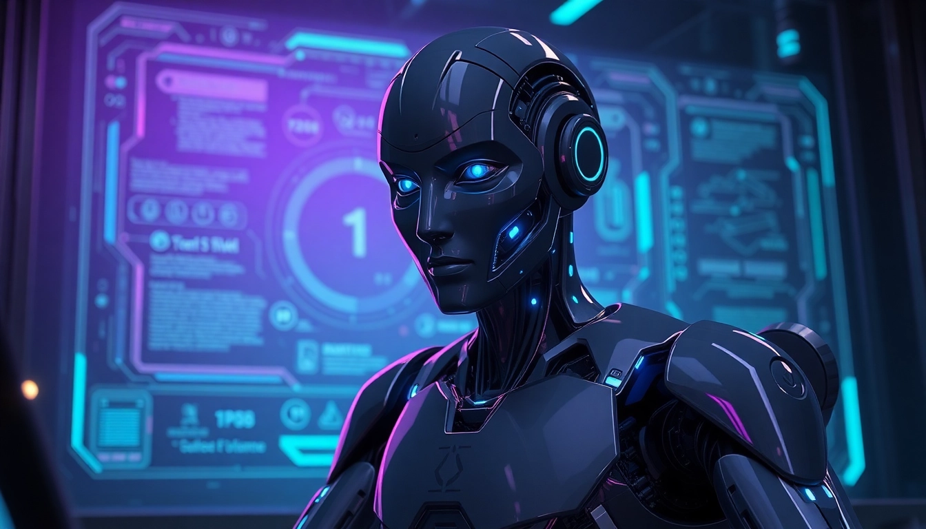 Futuristic AI robot in a neon-lit high-tech lab with holograms and glowing accents.