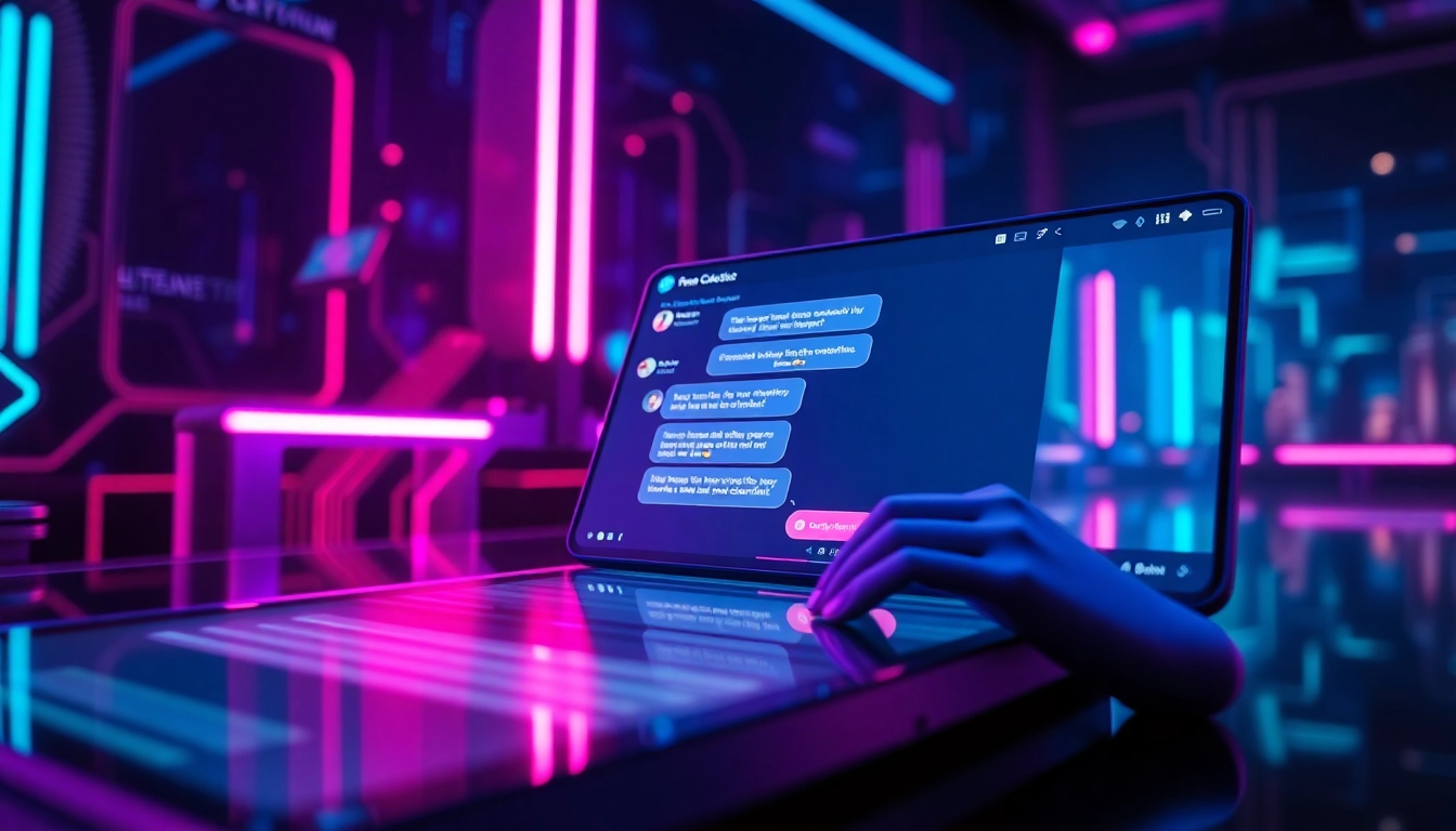 Futuristic AI chatbot interface on a high-tech screen with neon lights and holographic elements.