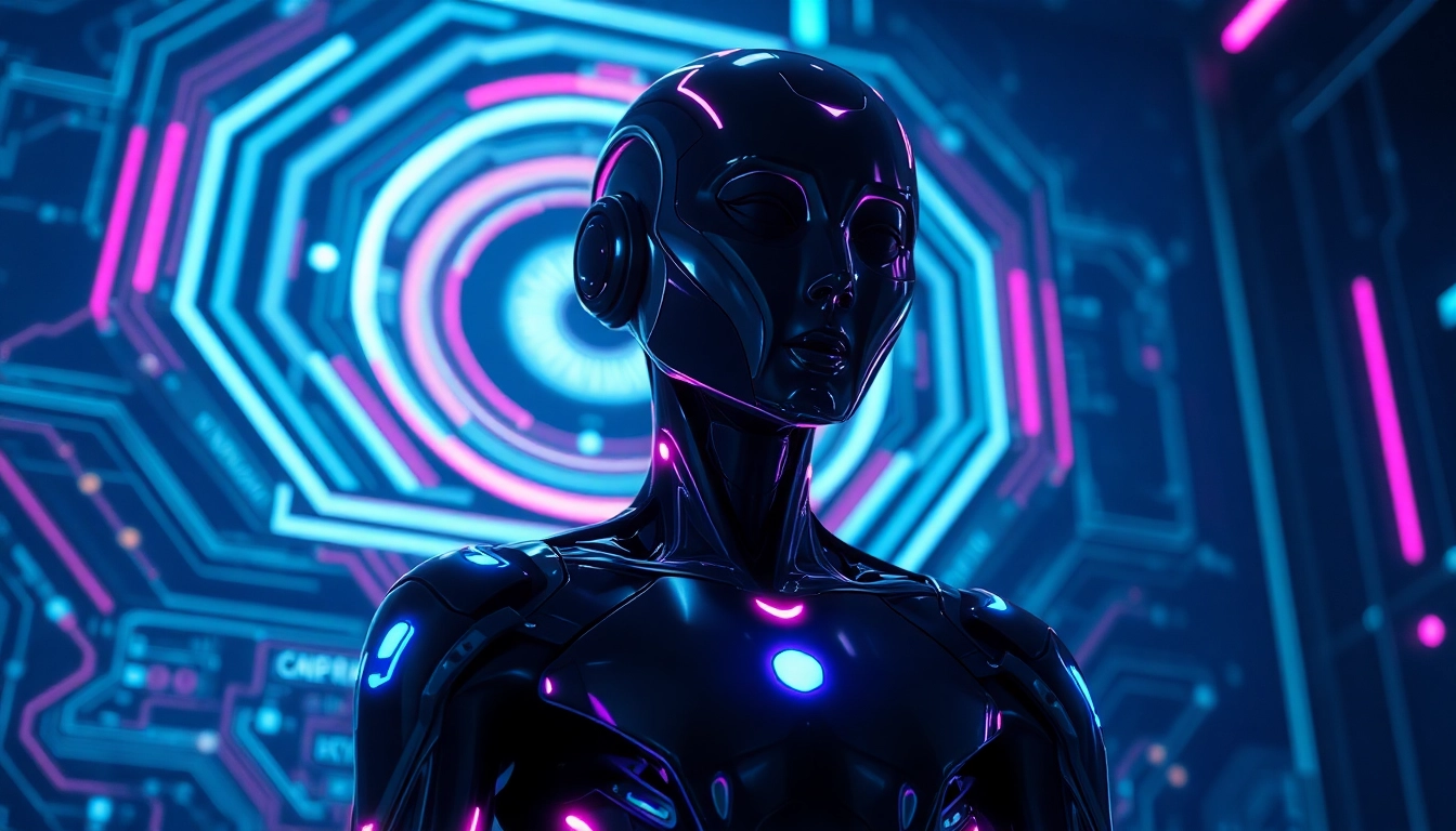 Futuristic AI character in a high-tech cyberpunk environment with neon lights and holographic interfaces.
