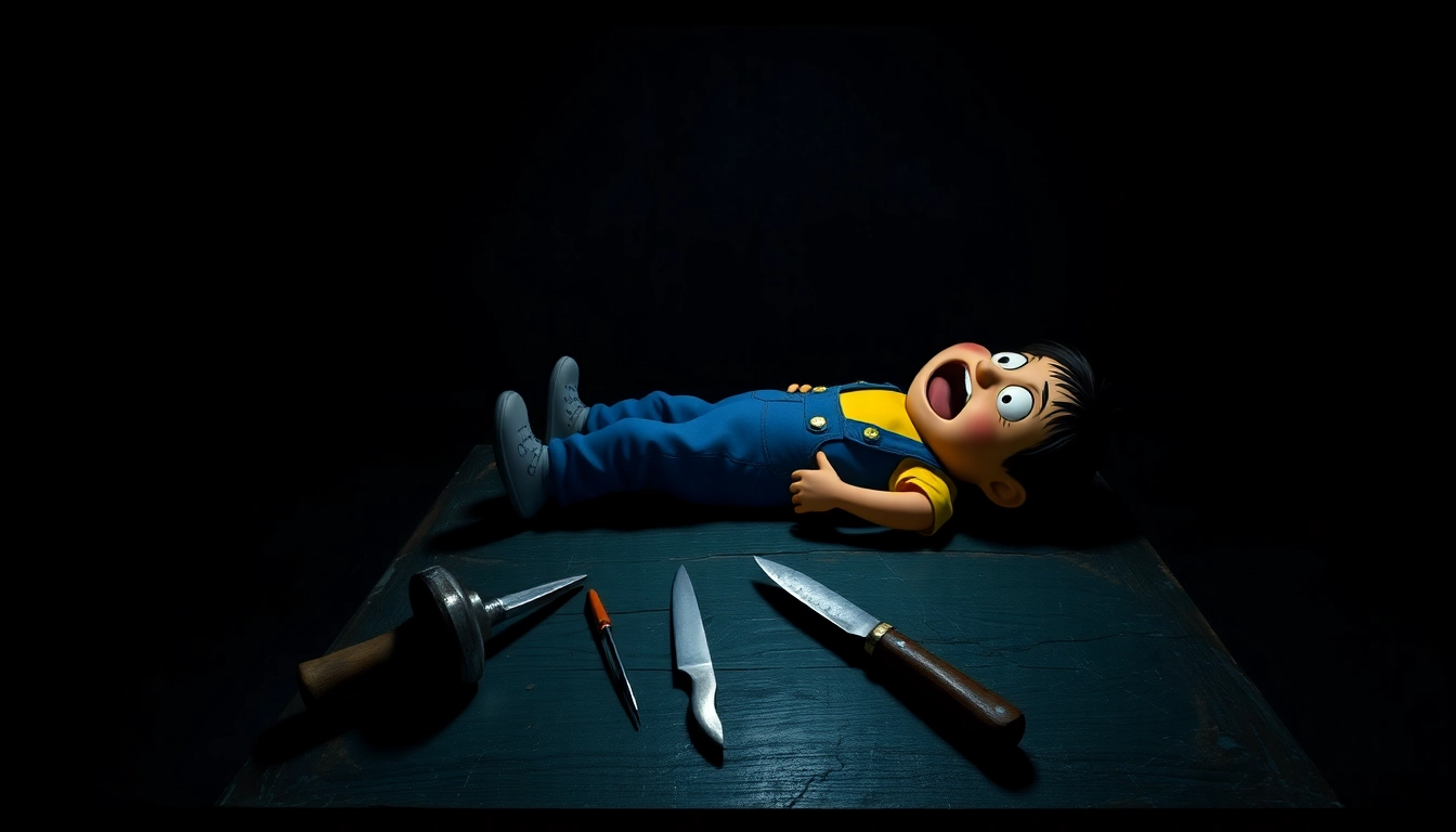 A disturbing scene of Harvey, a cheerful cartoon character, in a dark room with threatening tools, reflecting moral tension and psychological horror.