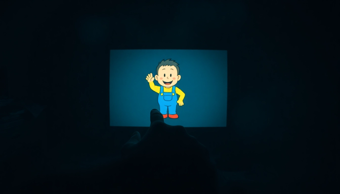 A person clicking on a cheerful cartoon character on a computer screen in a dark room, creating a disturbing atmosphere.