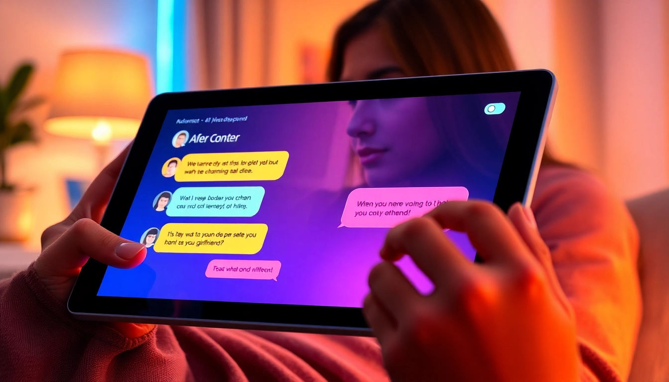 A person using a tablet to chat with a friendly AI girlfriend in a cozy, digitally enhanced room.