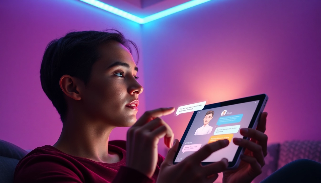 A person using a futuristic tablet to chat with a customizable AI character in a cozy, neon-lit room.