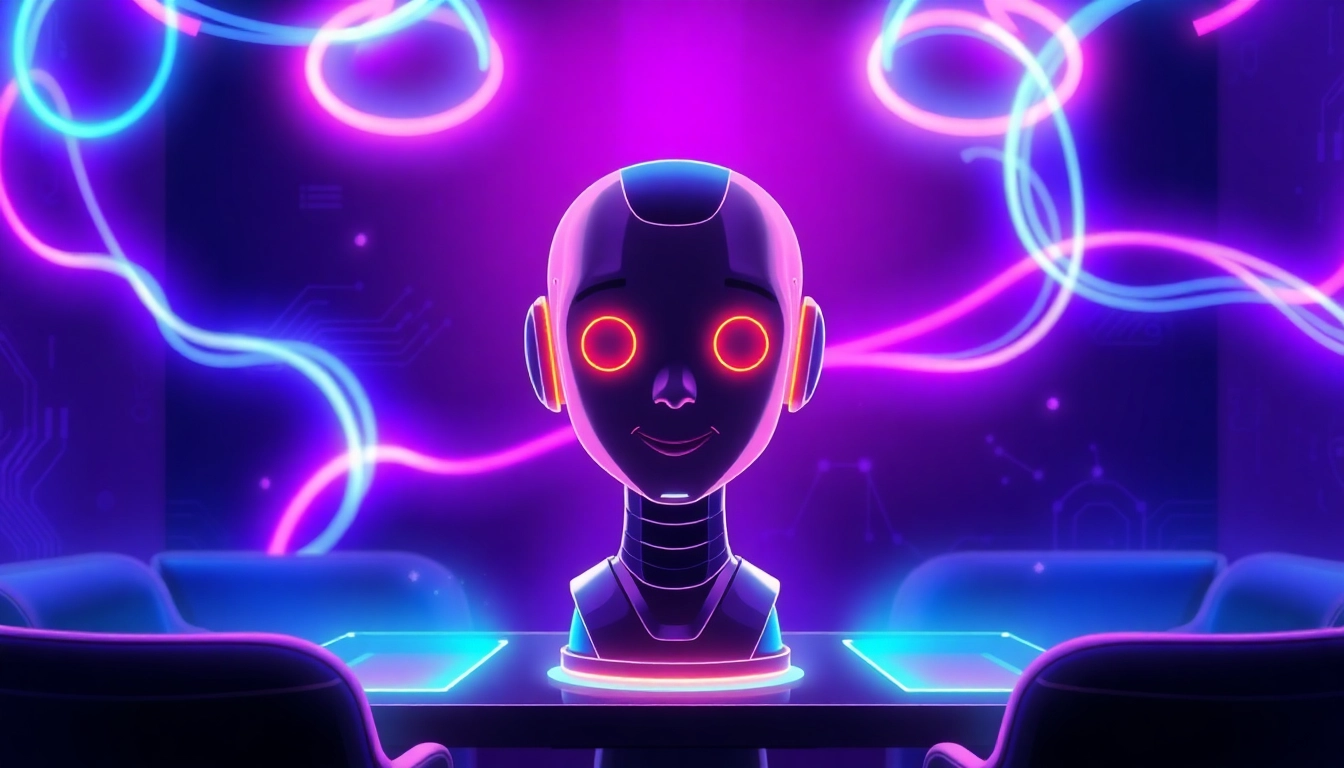 A futuristic digital lounge with a holographic chatbot avatar surrounded by neon lights and digital textures.