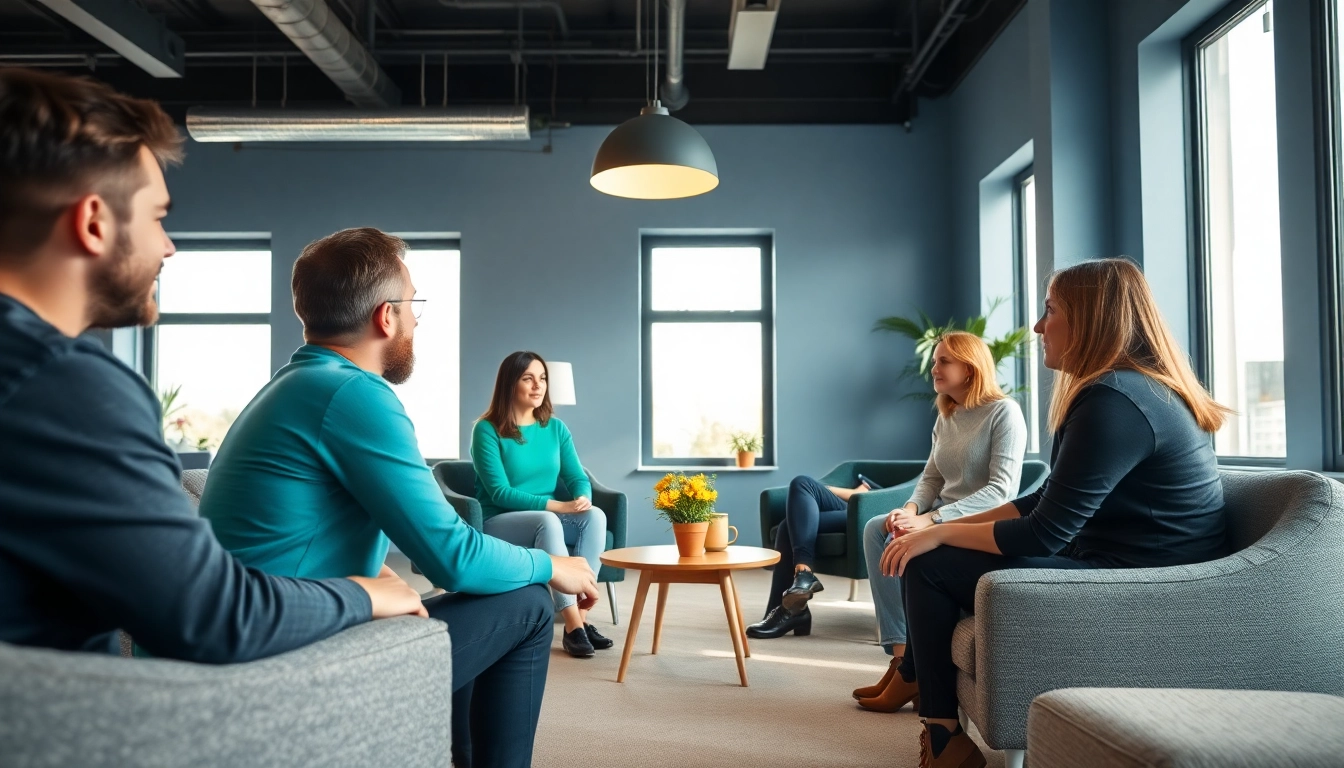 Serene scene from Terapia par Lublin, showing a therapist guiding a caring discussion for couples in a welcoming setting.