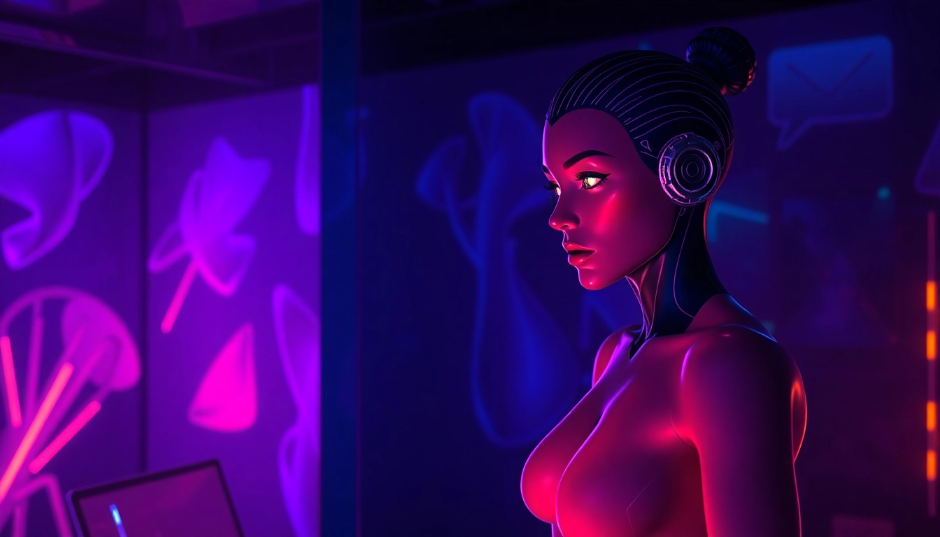 Futuristic AI chat interface with an alluring character in a neon-lit digital environment