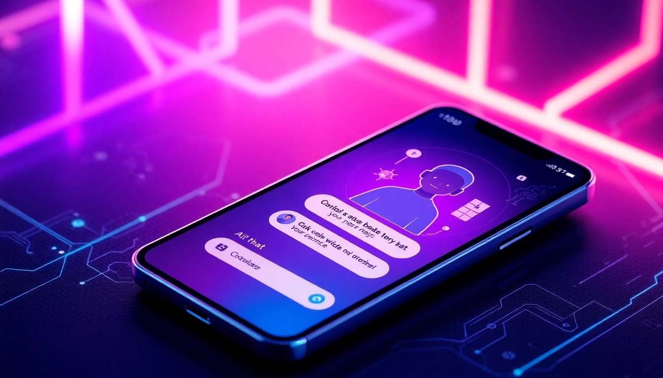 Futuristic smartphone displaying a colorful AI chat interface with neon accents.