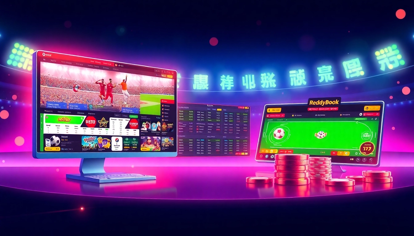 Reddy Book logo displayed on a vibrant betting interface with cricket and casino elements, emphasizing fast, secure online betting in India.