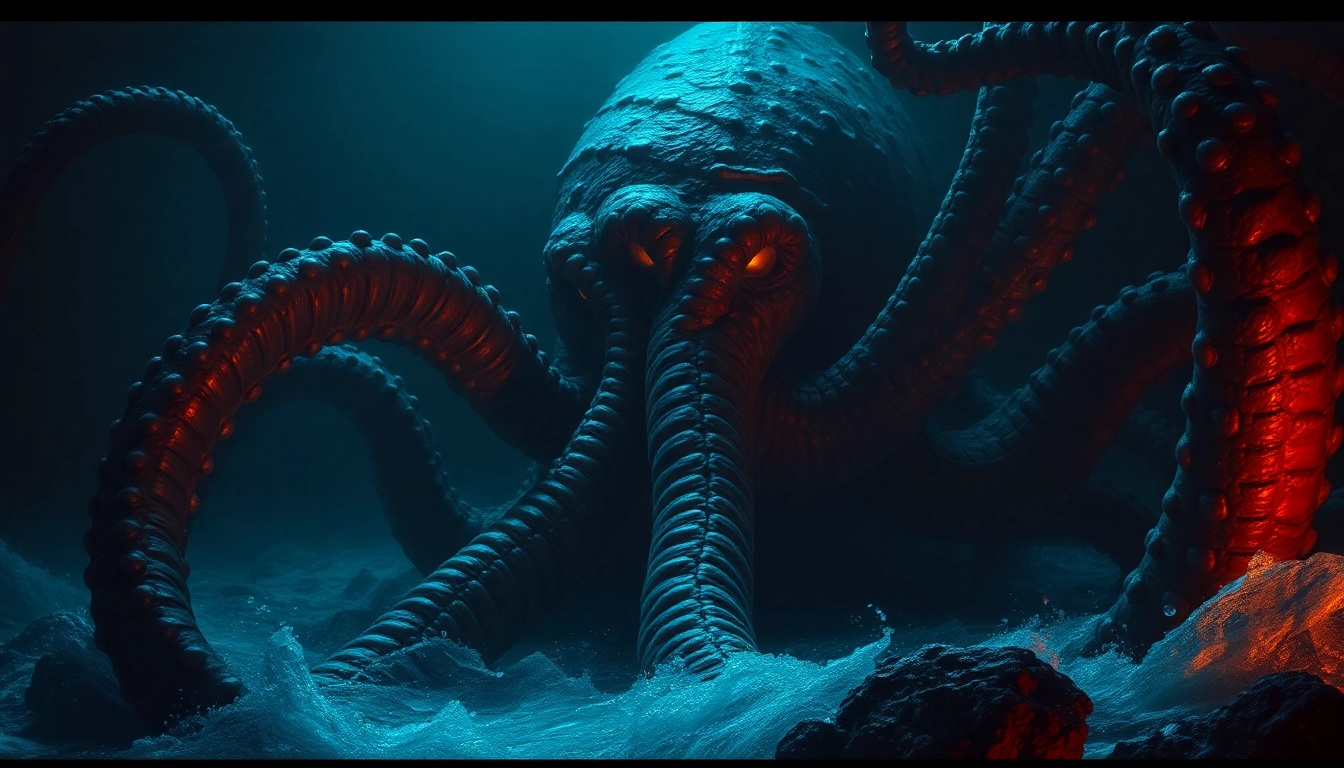 Kraken detailed illustration of a giant sea monster with tentacles and luminous eyes,