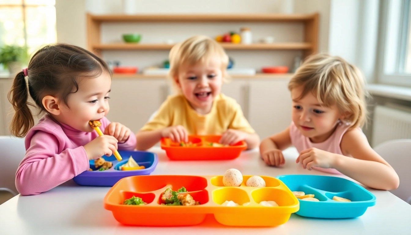 Child using silicone divided plate for self feeding with colorful sections, promoting