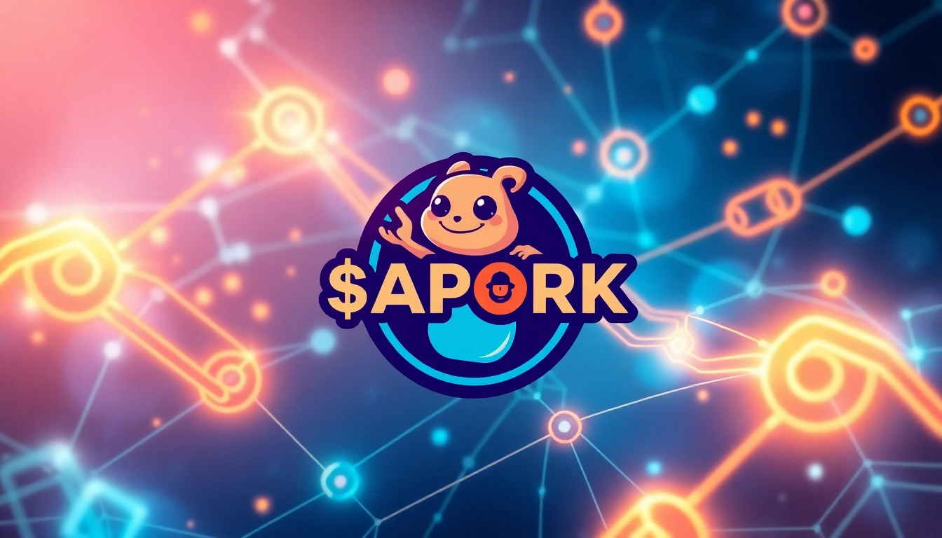 Engaging APORK Token image featuring Pepe meme with blockchain motifs and community symbols to