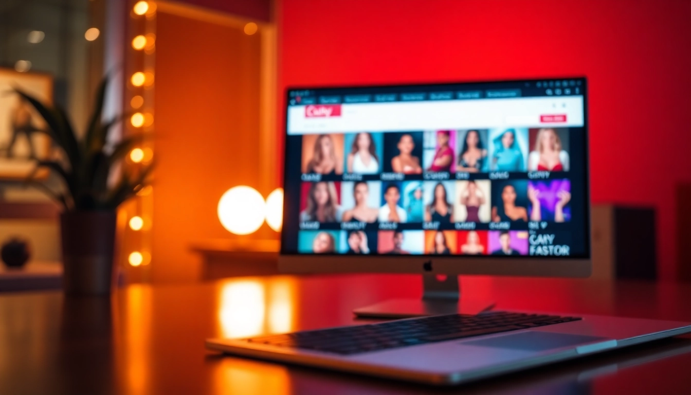 A close-up of a computer screen displaying an adult website with colorful thumbnails and categories, illuminated by warm lighting.
