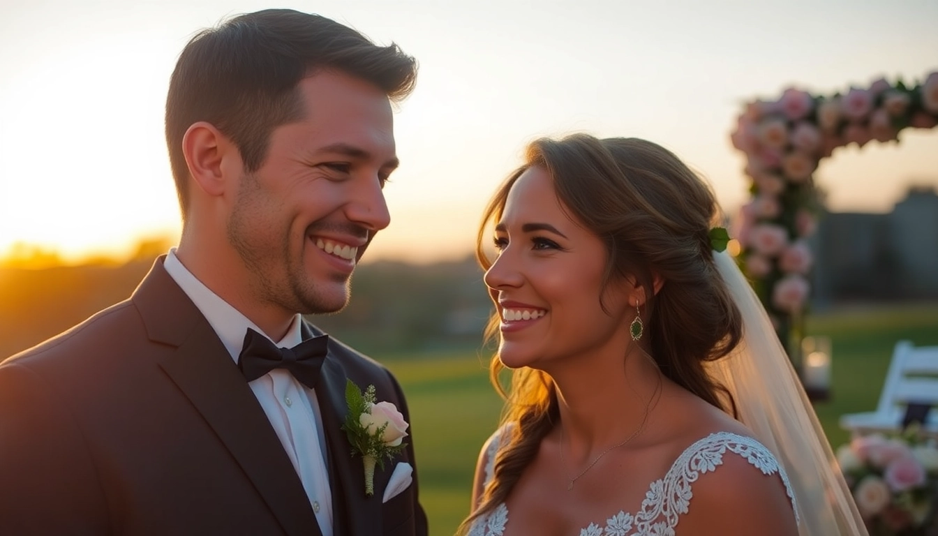 Professional eskuvo fotos capturing a romantic outdoor wedding moment with a smiling couple